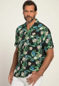 JP1880 Halbarm Cuba Kragen Kastiger Fit Floraler Print - Overhemd - Türkisgrün
